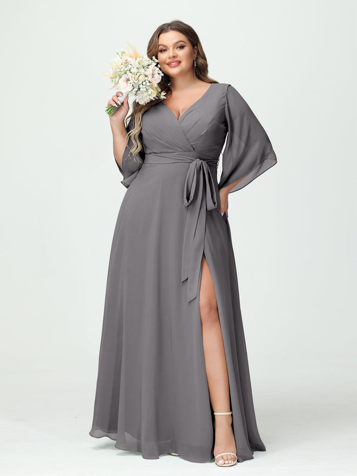 A-Line/Princess/Princess V-Neck Long Sleeves Chiffon Plus Size Bridesmaid Dresses With Pockets ¡¢Belt & Split Side