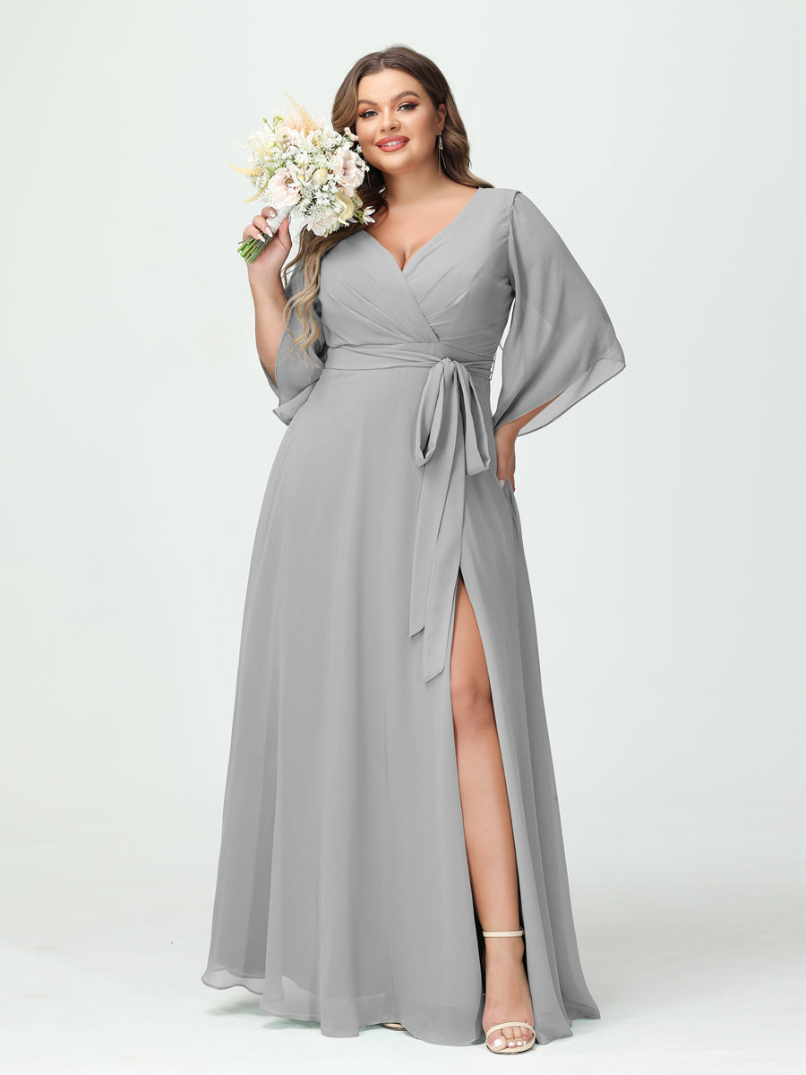 A-Line/Princess/Princess V-Neck Long Sleeves Chiffon Plus Size Bridesmaid Dresses With Pockets ¡¢Belt & Split Side