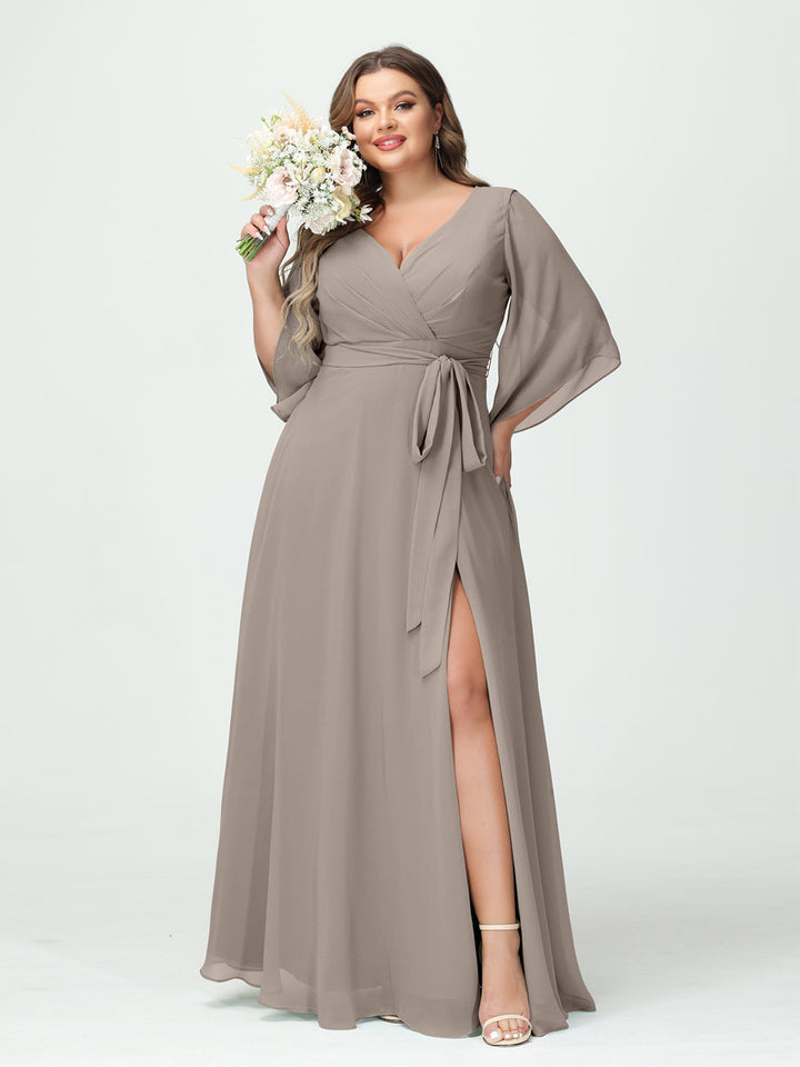 A-Line/Princess/Princess V-Neck Long Sleeves Chiffon Plus Size Bridesmaid Dresses With Pockets ¡¢Belt & Split Side