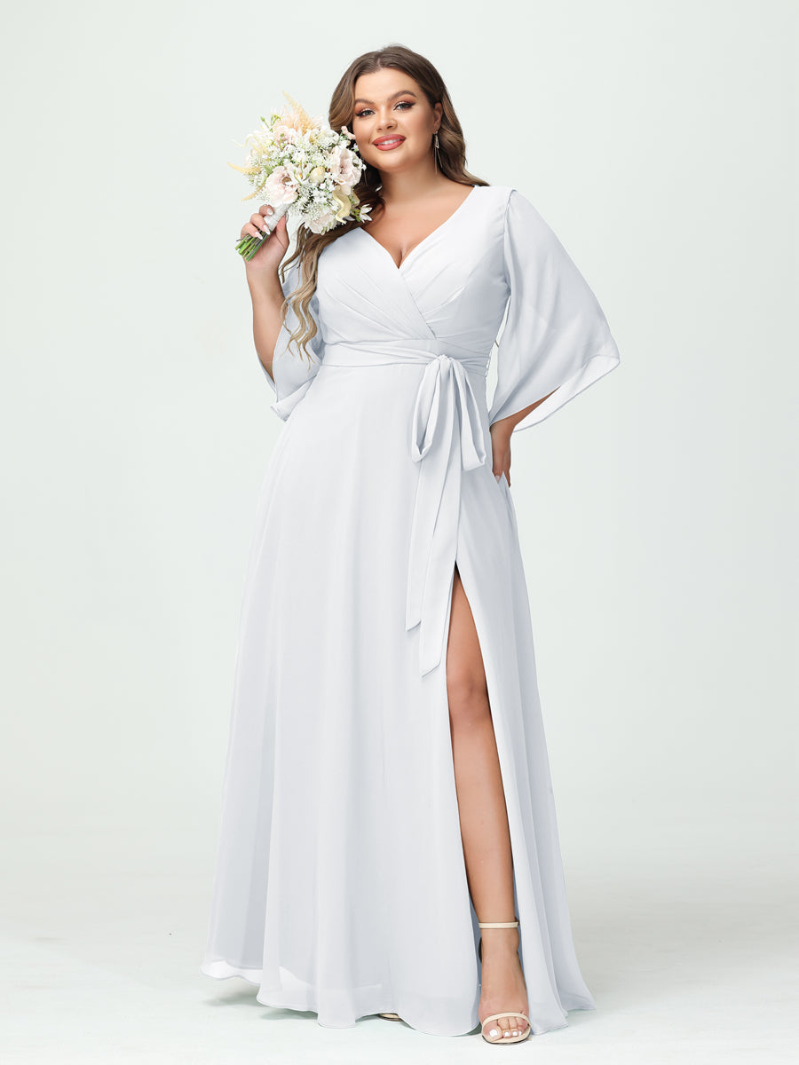 A-Line/Princess V-Neck Long Sleeves Chiffon Plus Size Bridesmaid Dresses With Pockets Belt & Split Side