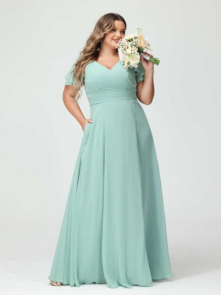 A-Line/Princess/Princess V-Neck Short Sleeves Chiffon Plus Size Bridesmaid Dresses with Pockets & Split Side