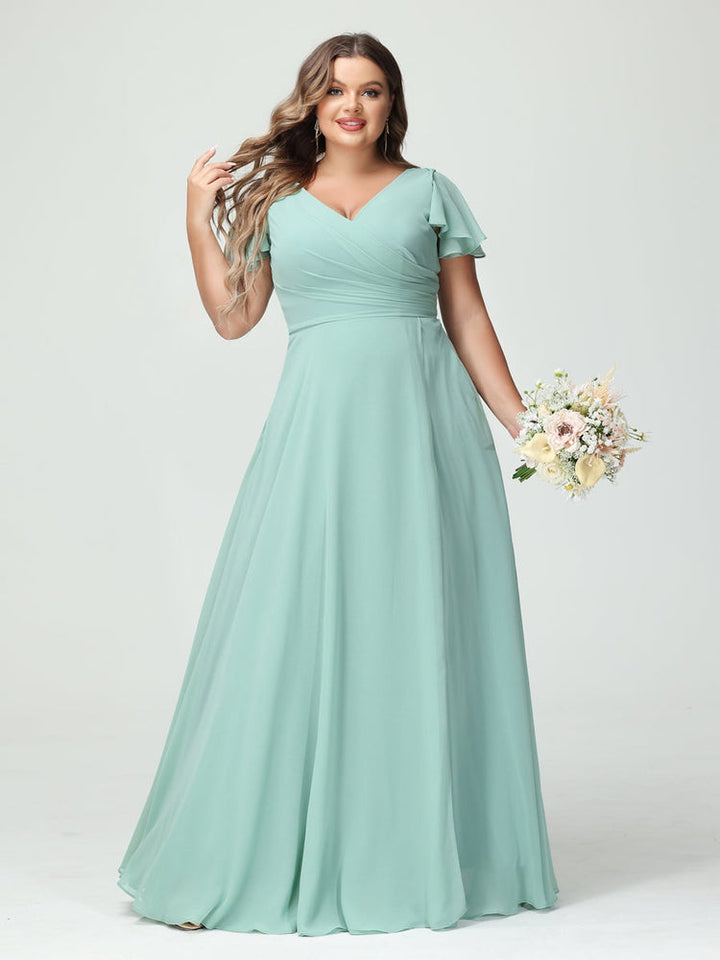 A-Line/Princess/Princess V-Neck Short Sleeves Chiffon Plus Size Bridesmaid Dresses with Pockets & Split Side