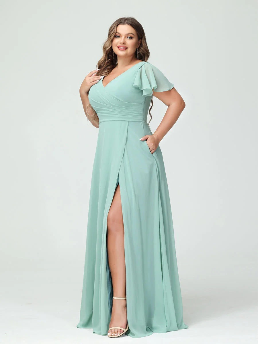 A-Line/Princess/Princess V-Neck Short Sleeves Chiffon Plus Size Bridesmaid Dresses with Pockets & Split Side