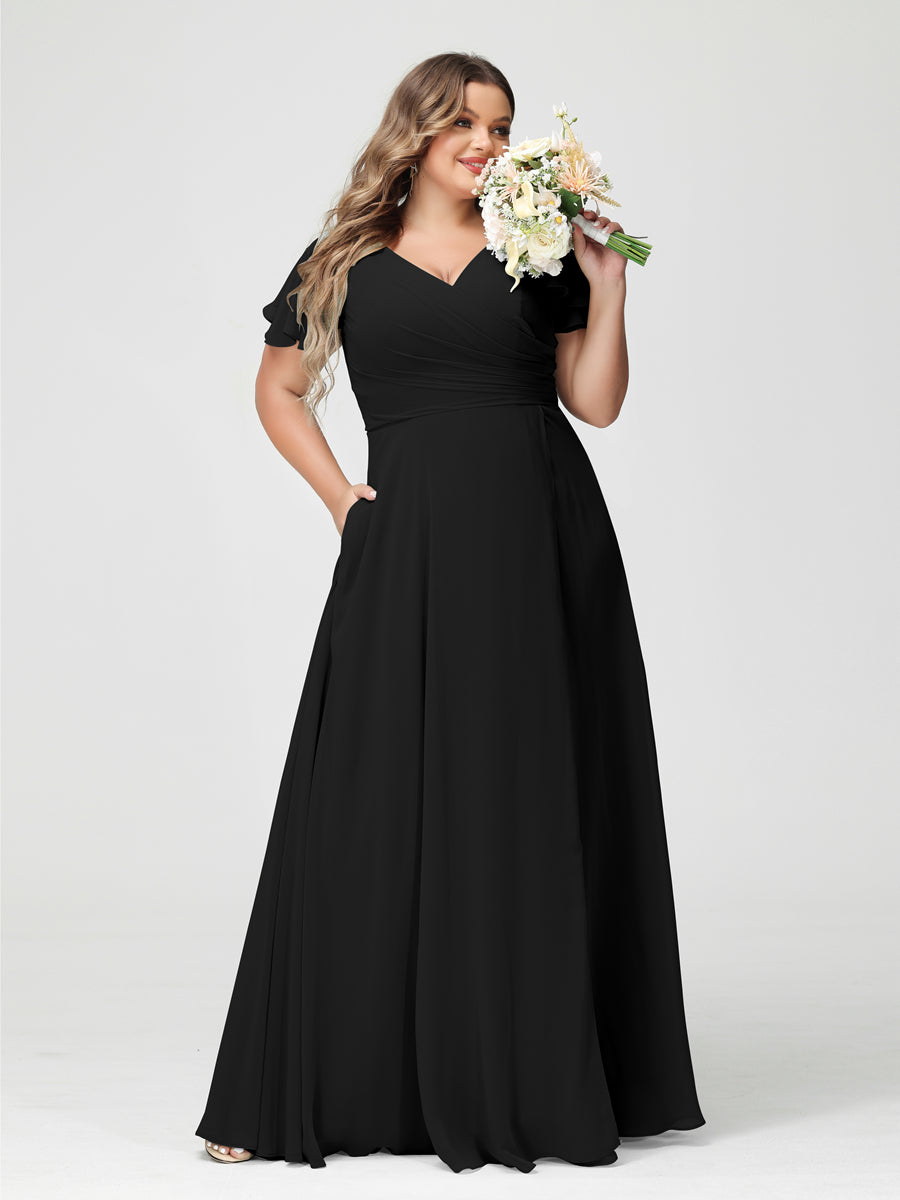 A-Line/Princess V-Neck Short Sleeves Chiffon Plus Size Bridesmaid Dresses with Pockets & Split Side