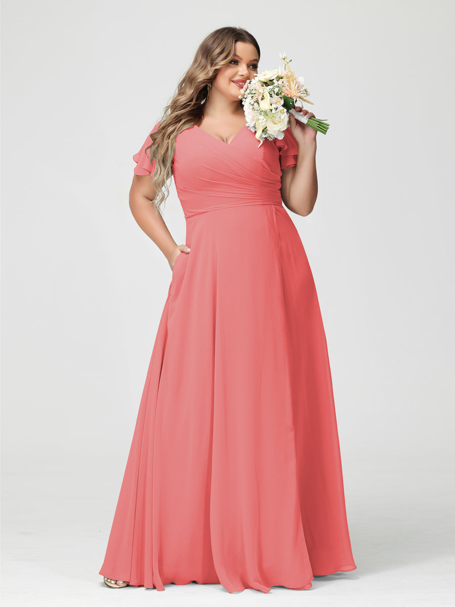 A-Line/Princess/Princess V-Neck Short Sleeves Chiffon Plus Size Bridesmaid Dresses with Pockets & Split Side