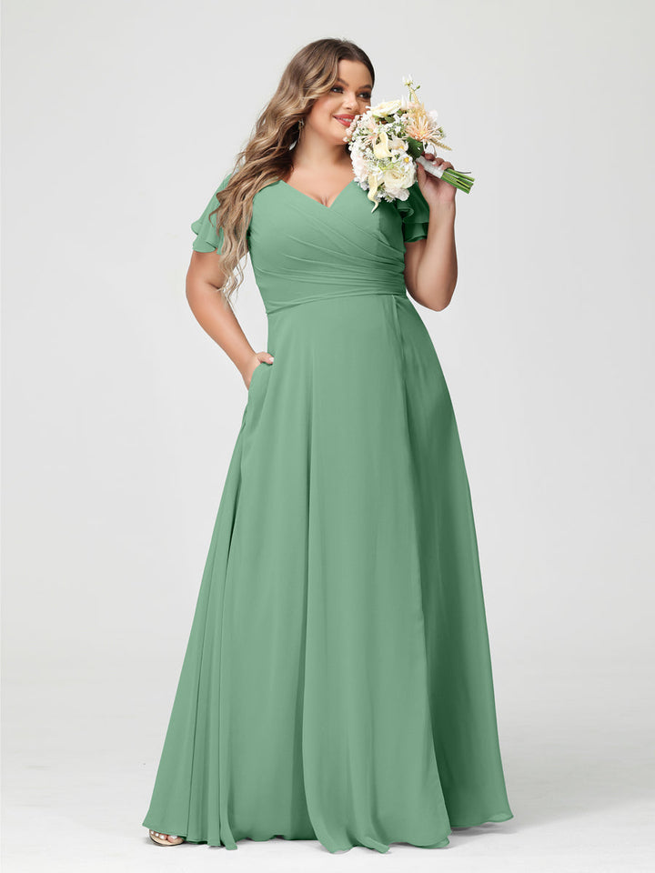 A-Line/Princess/Princess V-Neck Short Sleeves Chiffon Plus Size Bridesmaid Dresses with Pockets & Split Side