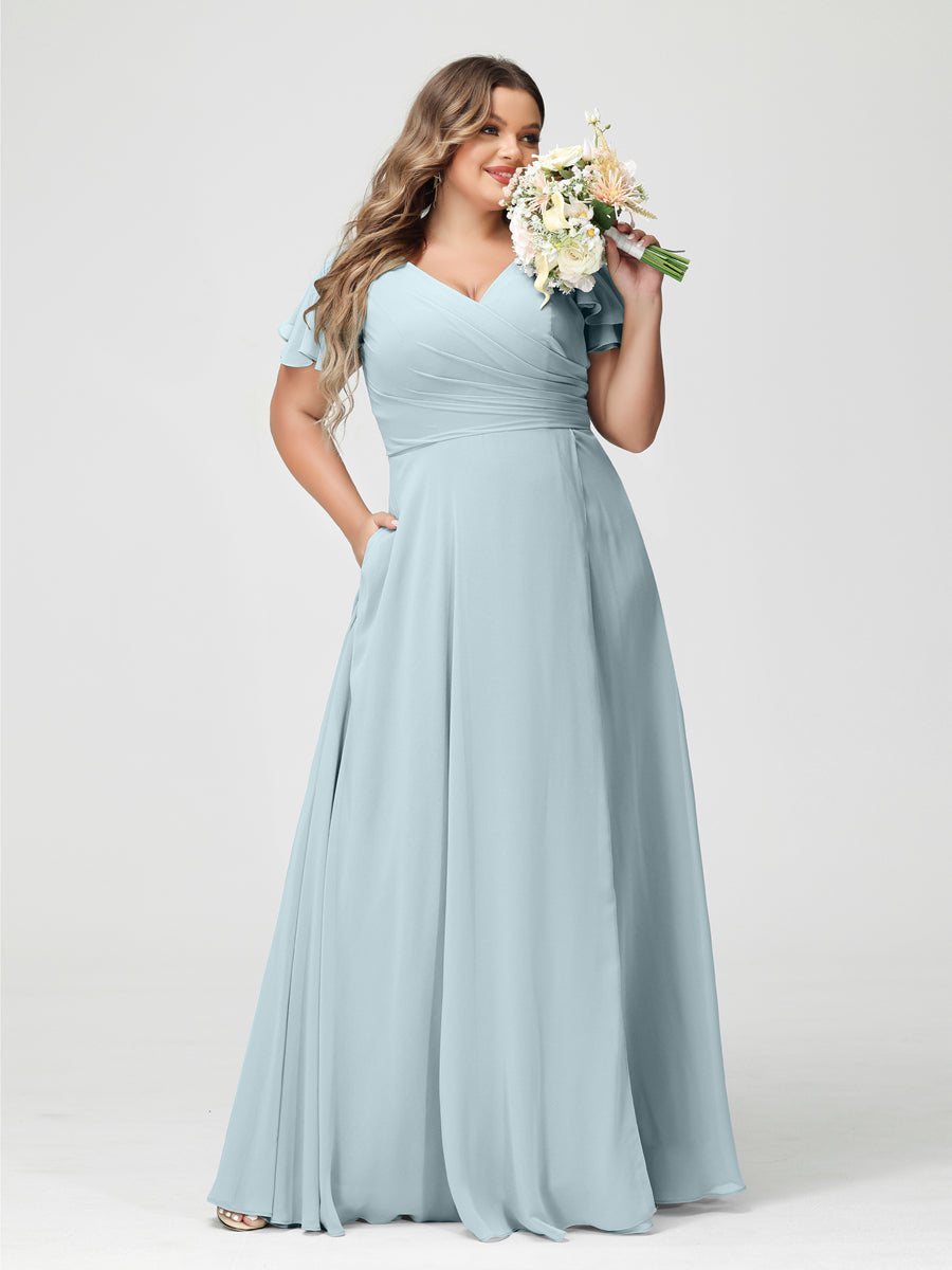 A-Line/Princess/Princess V-Neck Short Sleeves Chiffon Plus Size Bridesmaid Dresses with Pockets & Split Side