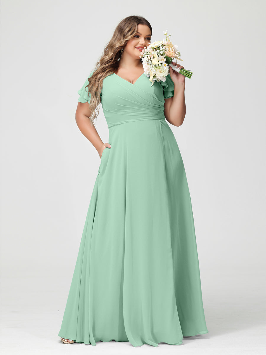 A-Line/Princess/Princess V-Neck Short Sleeves Chiffon Plus Size Bridesmaid Dresses with Pockets & Split Side