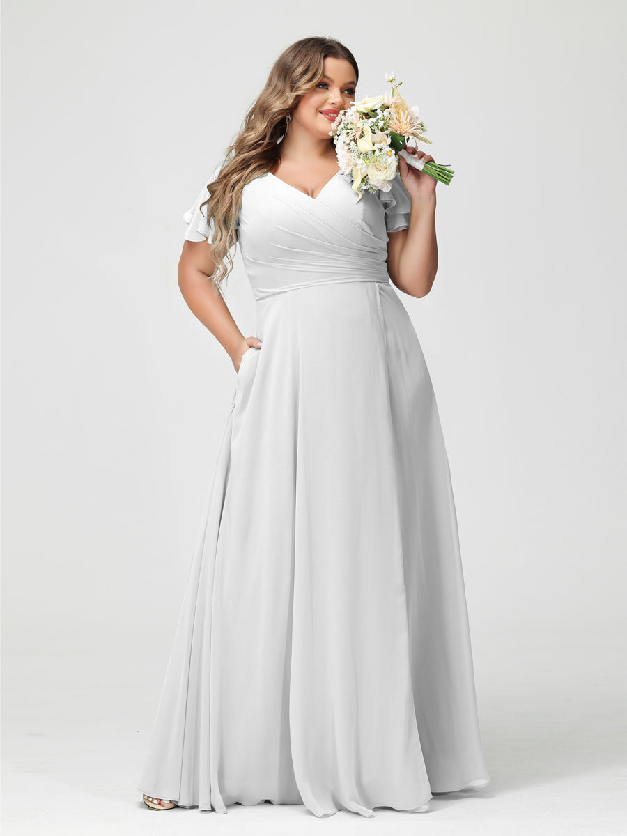 A-Line/Princess/Princess V-Neck Short Sleeves Chiffon Plus Size Bridesmaid Dresses with Pockets & Split Side