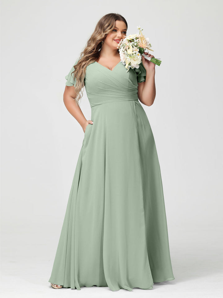 A-Line/Princess/Princess V-Neck Short Sleeves Chiffon Plus Size Bridesmaid Dresses with Pockets & Split Side