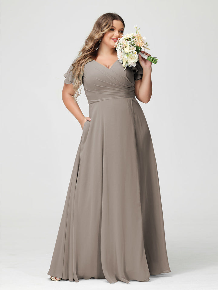 A-Line/Princess/Princess V-Neck Short Sleeves Chiffon Plus Size Bridesmaid Dresses with Pockets & Split Side