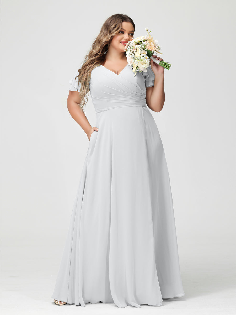 A-Line/Princess V-Neck Short Sleeves Chiffon Plus Size Bridesmaid Dresses with Pockets & Split Side