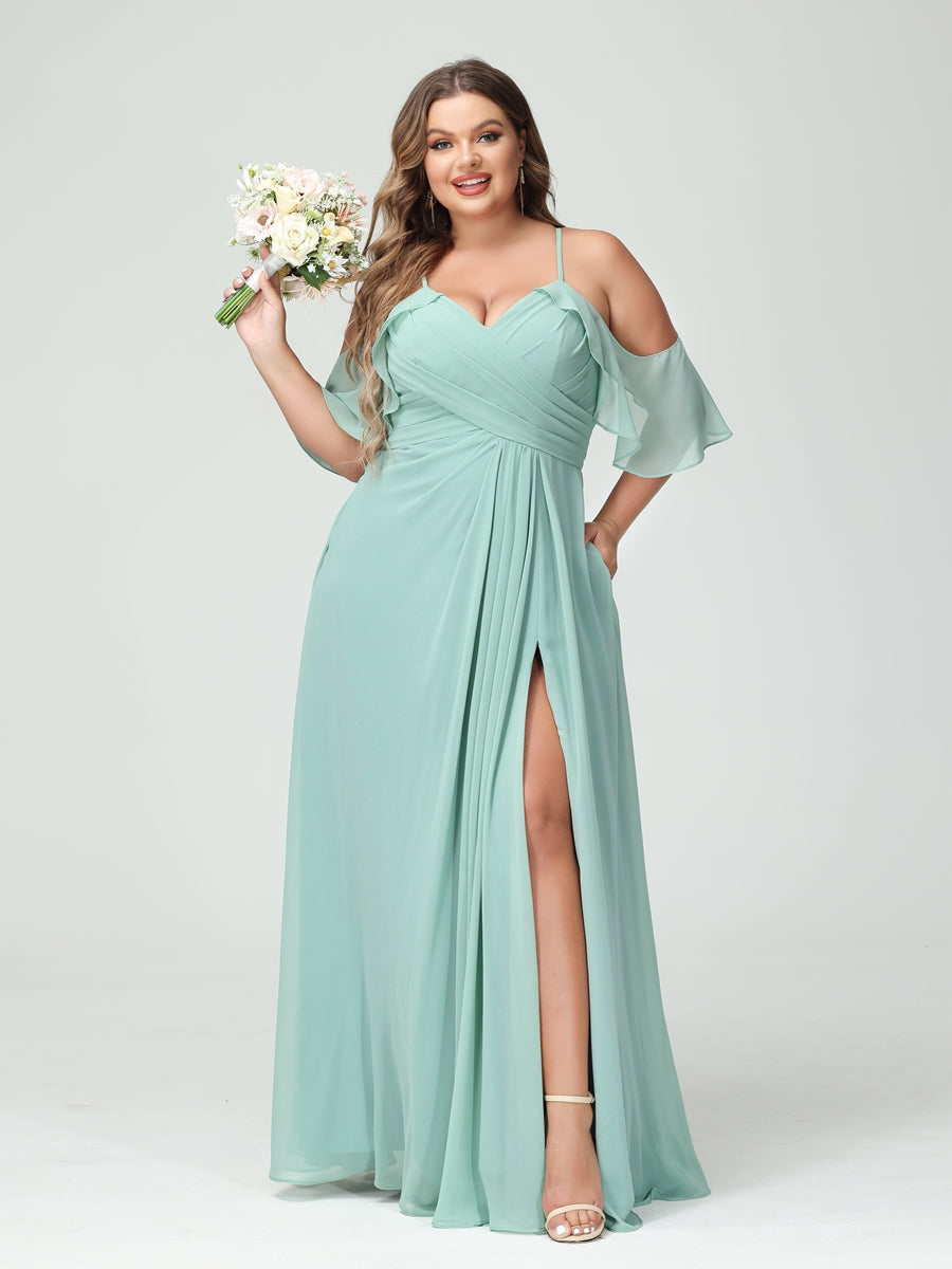 A-Line/Princess/Princess Spaghetti Straps Short Sleeves Chiffon Plus Size Bridesmaid Dresses with Pockets,Ruched Split Side