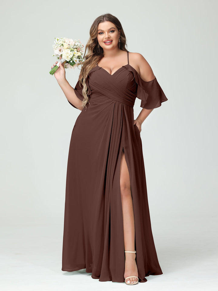 A-Line/Princess/Princess Spaghetti Straps Short Sleeves Chiffon Plus Size Bridesmaid Dresses with Pockets,Ruched Split Side