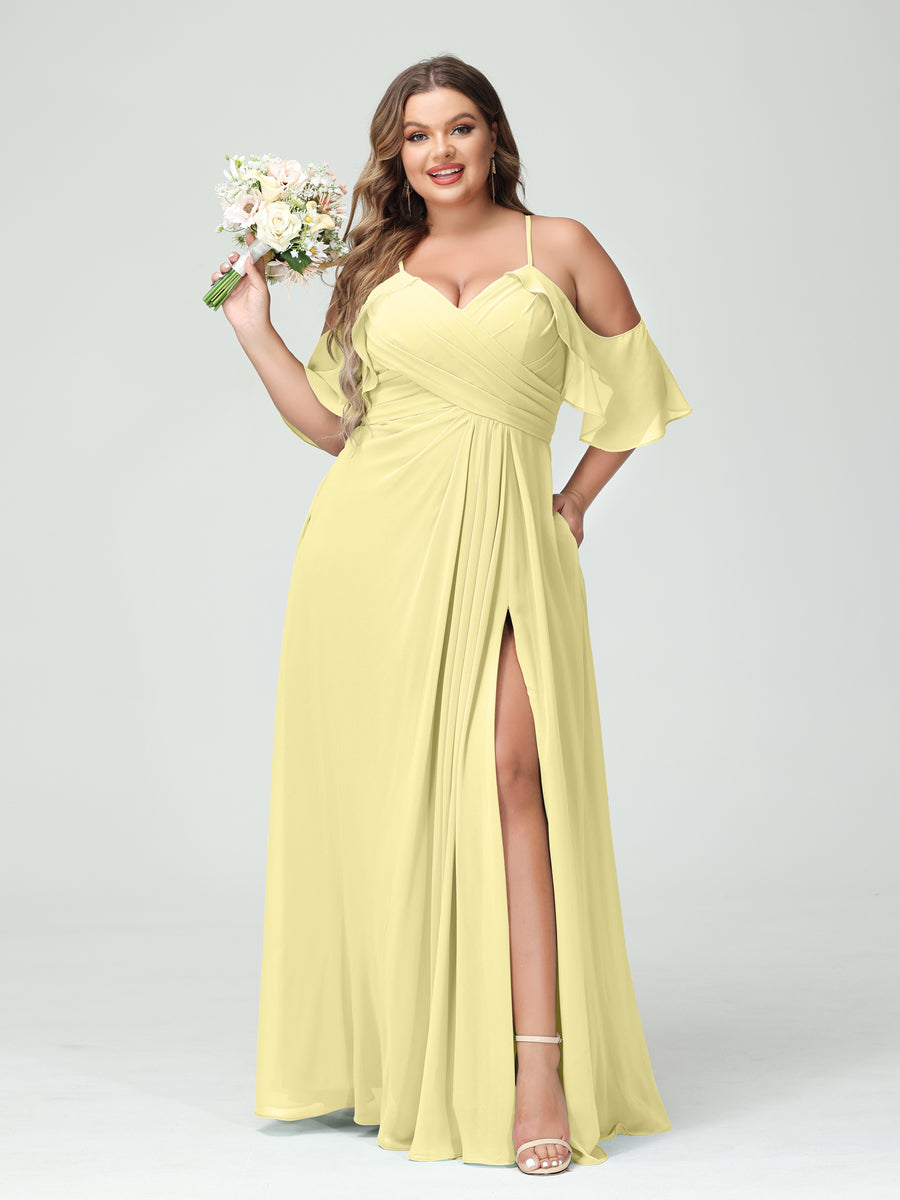 A-Line/Princess/Princess Spaghetti Straps Short Sleeves Chiffon Plus Size Bridesmaid Dresses with Pockets,Ruched Split Side