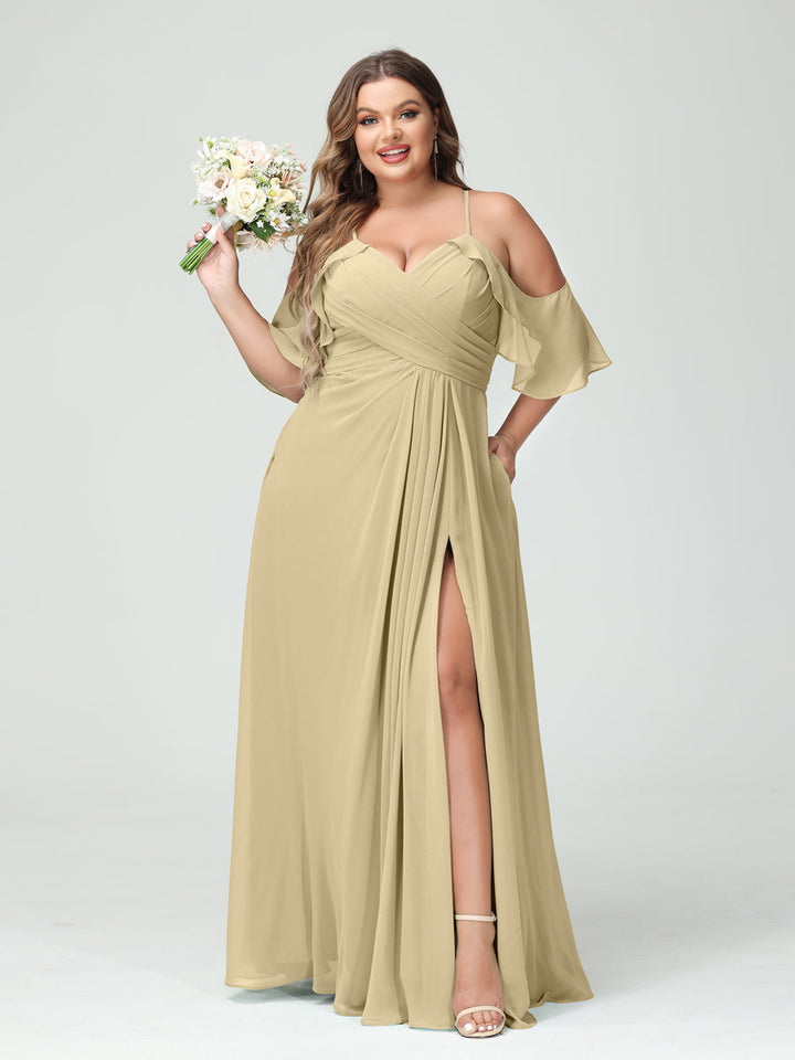 A-Line/Princess/Princess Spaghetti Straps Short Sleeves Chiffon Plus Size Bridesmaid Dresses with Pockets,Ruched Split Side