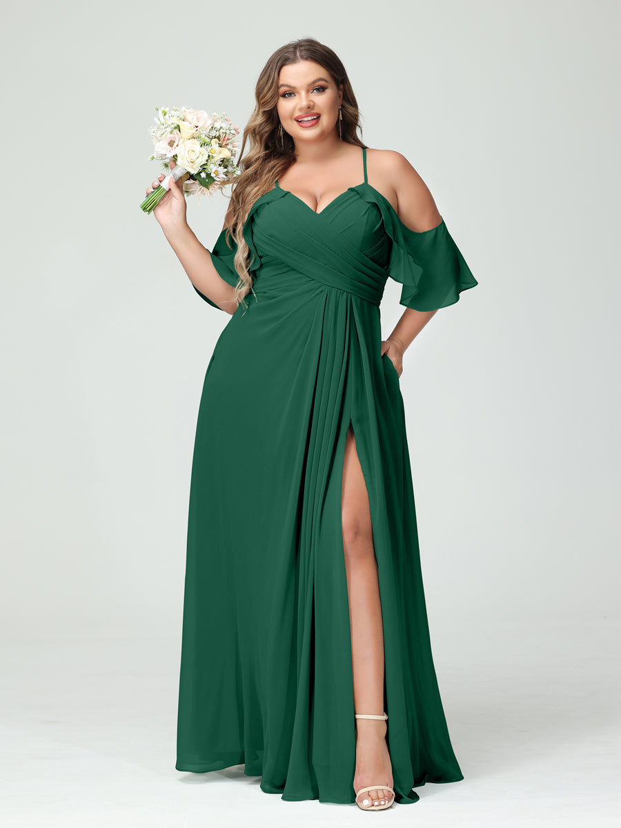 A-Line/Princess Spaghetti Straps Short Sleeves Chiffon Plus Size Bridesmaid Dresses with Pockets,Ruched Split Side