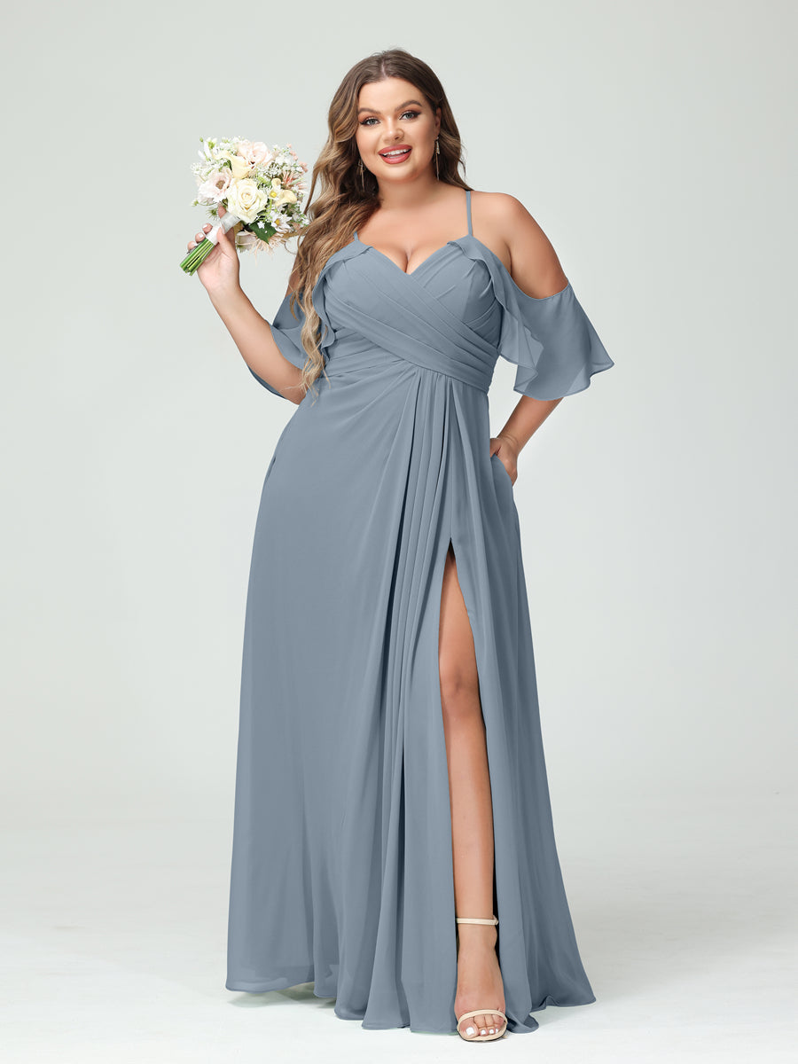 A-Line/Princess Spaghetti Straps Short Sleeves Chiffon Plus Size Bridesmaid Dresses with Pockets,Ruched Split Side