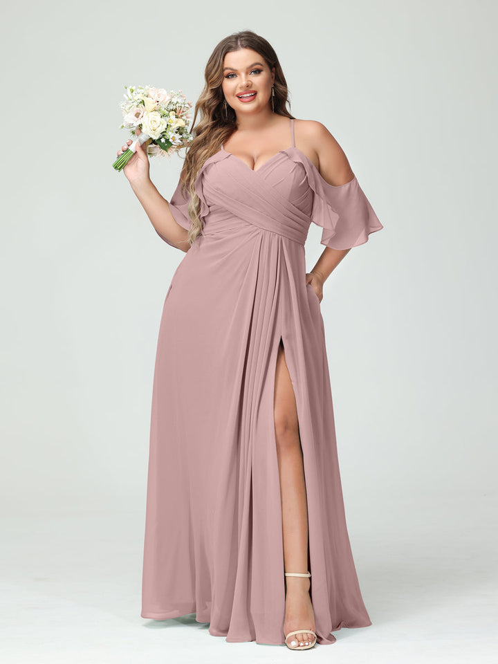 A-Line/Princess/Princess Spaghetti Straps Short Sleeves Chiffon Plus Size Bridesmaid Dresses with Pockets,Ruched Split Side