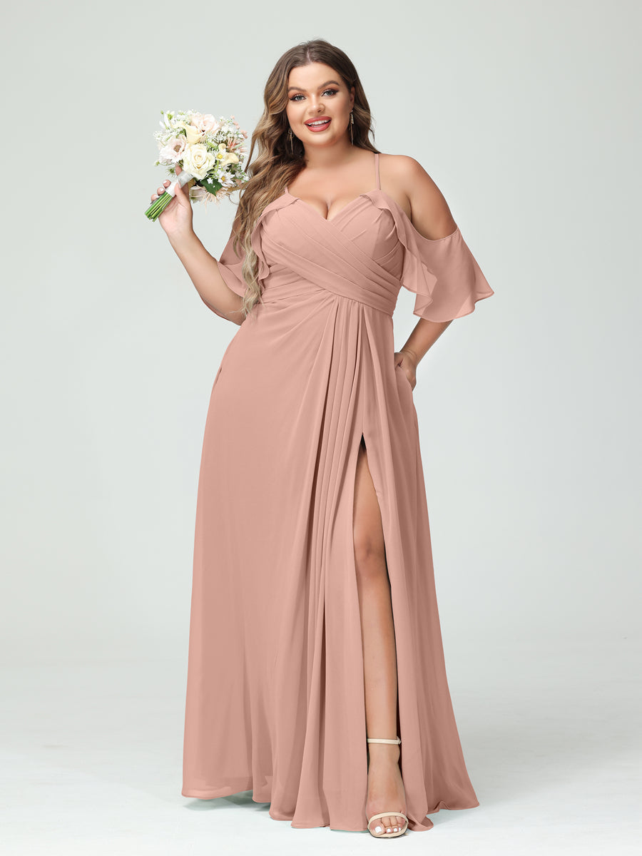 A-Line/Princess Spaghetti Straps Short Sleeves Chiffon Plus Size Bridesmaid Dresses with Pockets,Ruched Split Side