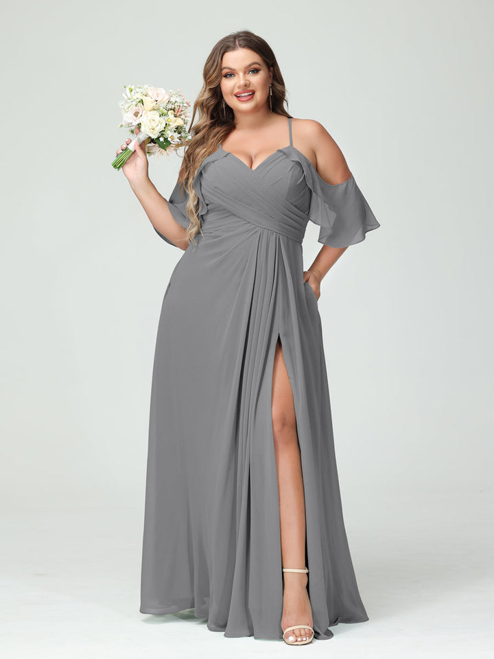 A-Line/Princess/Princess Spaghetti Straps Short Sleeves Chiffon Plus Size Bridesmaid Dresses with Pockets,Ruched Split Side