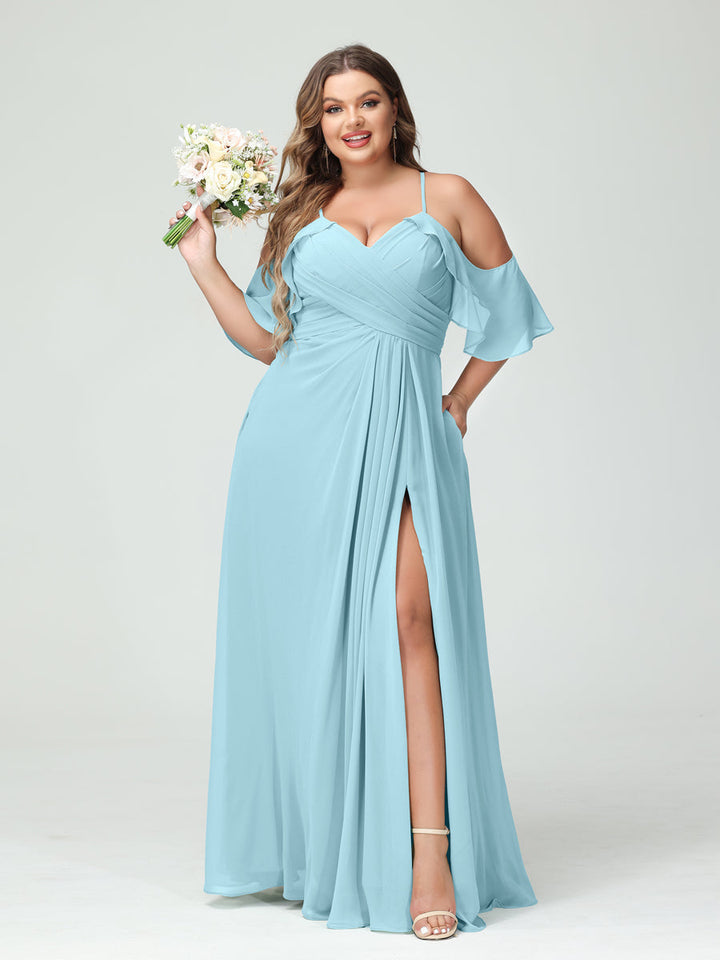 A-Line/Princess/Princess Spaghetti Straps Short Sleeves Chiffon Plus Size Bridesmaid Dresses with Pockets,Ruched Split Side