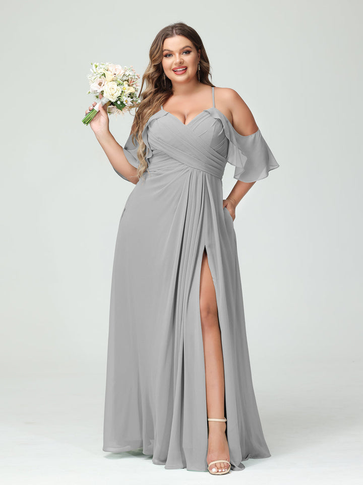 A-Line/Princess/Princess Spaghetti Straps Short Sleeves Chiffon Plus Size Bridesmaid Dresses with Pockets,Ruched Split Side