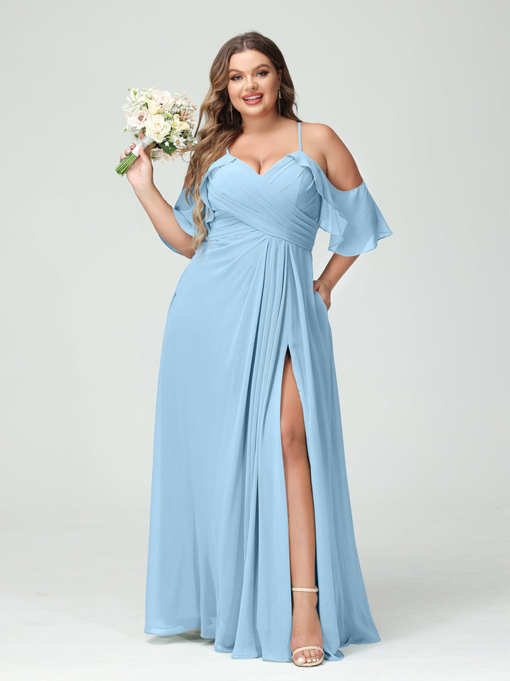 A-Line/Princess/Princess Spaghetti Straps Short Sleeves Chiffon Plus Size Bridesmaid Dresses with Pockets,Ruched Split Side