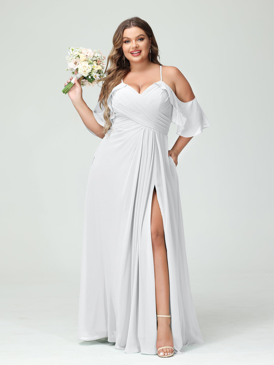 A-Line/Princess Spaghetti Straps Short Sleeves Chiffon Plus Size Bridesmaid Dresses with Pockets,Ruched Split Side