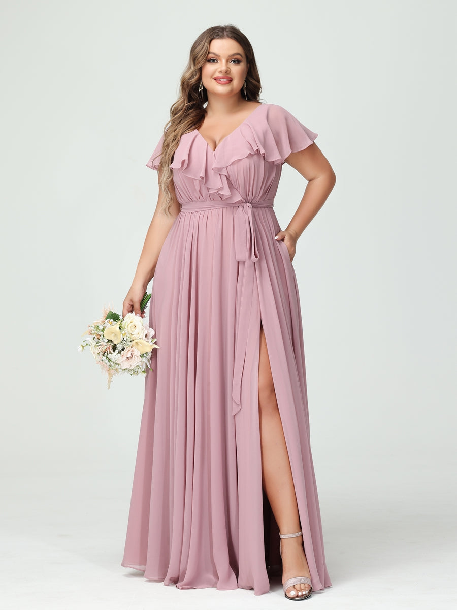 A-Line/Princess/Princess V-Neck Short Sleeves Chiffon Plus Size Bridesmaid Dresses With Pockets,Ruffles  ,Ruched & Split Side