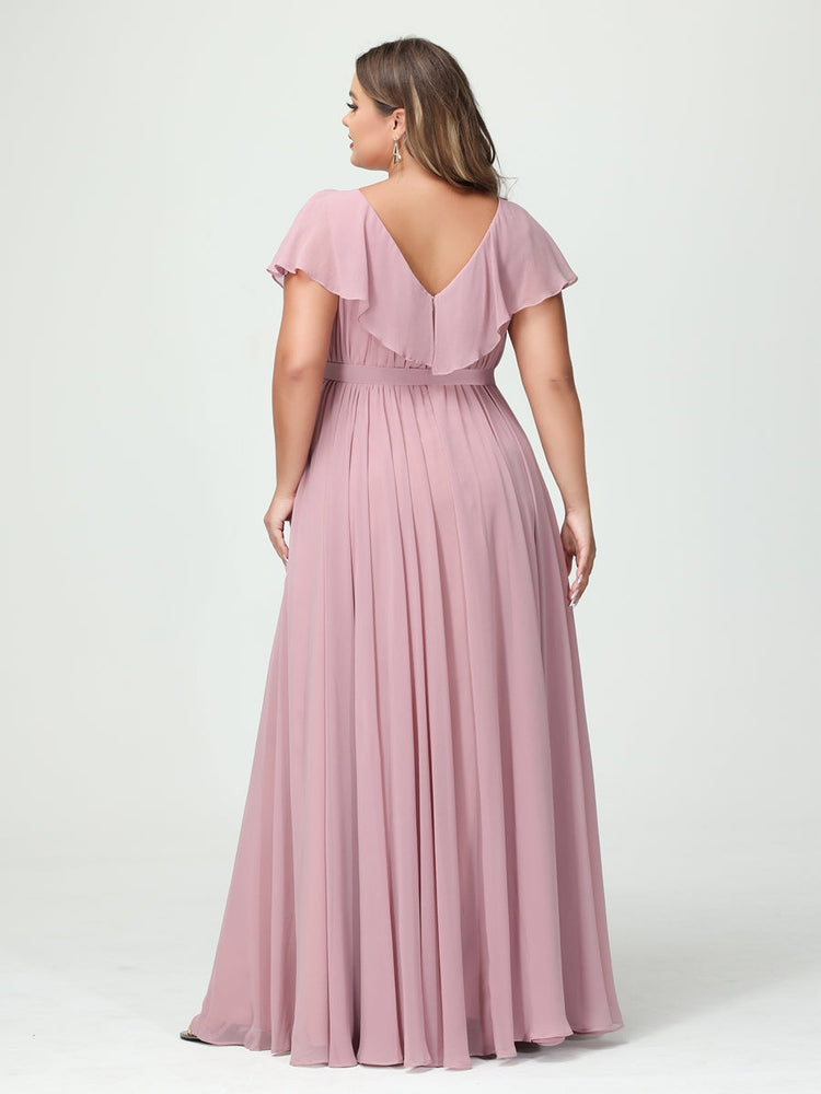 A-Line/Princess/Princess V-Neck Short Sleeves Chiffon Plus Size Bridesmaid Dresses With Pockets,Ruffles  ,Ruched & Split Side