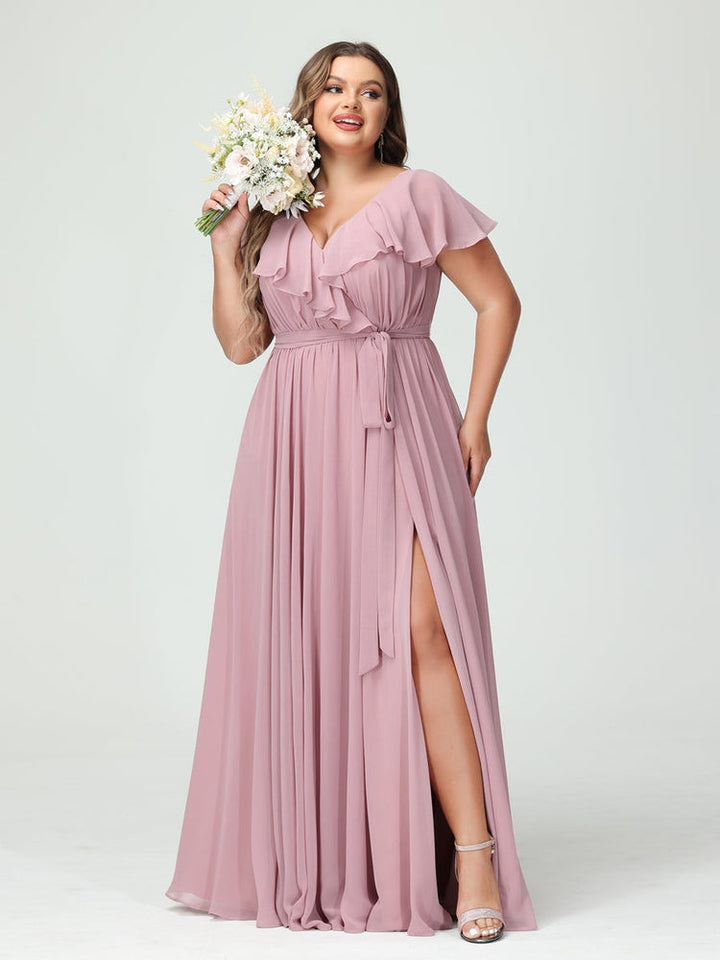 A-Line/Princess/Princess V-Neck Short Sleeves Chiffon Plus Size Bridesmaid Dresses With Pockets,Ruffles  ,Ruched & Split Side