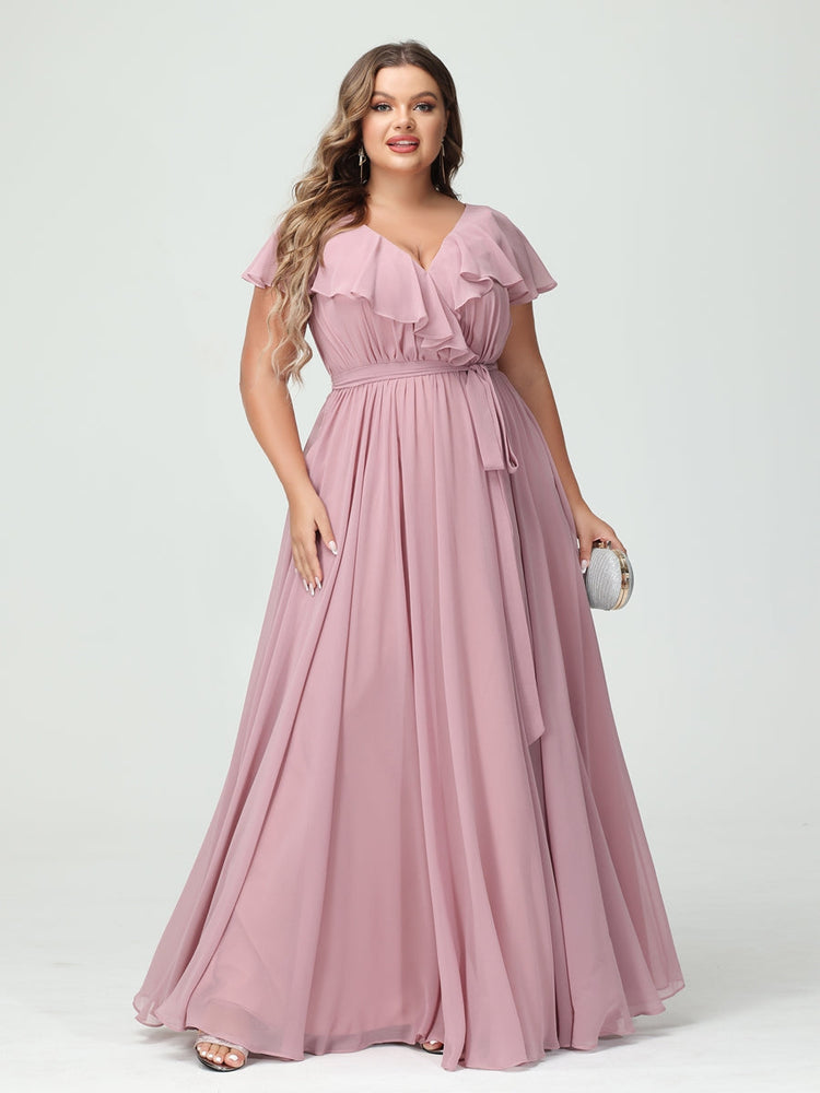 A-Line/Princess/Princess V-Neck Short Sleeves Chiffon Plus Size Bridesmaid Dresses With Pockets,Ruffles  ,Ruched & Split Side