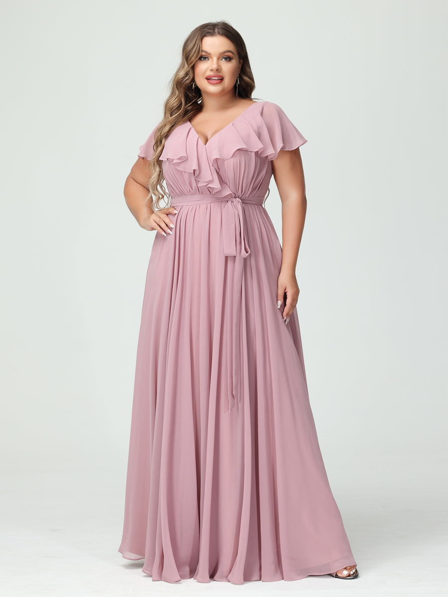 A-Line/Princess/Princess V-Neck Short Sleeves Chiffon Plus Size Bridesmaid Dresses With Pockets,Ruffles  ,Ruched & Split Side