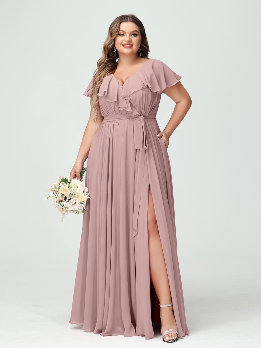 A-Line/Princess/Princess V-Neck Short Sleeves Chiffon Plus Size Bridesmaid Dresses With Pockets,Ruffles  ,Ruched & Split Side