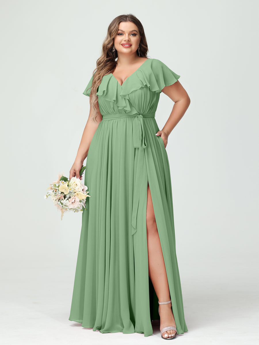 A-Line/Princess/Princess V-Neck Short Sleeves Chiffon Plus Size Bridesmaid Dresses With Pockets,Ruffles  ,Ruched & Split Side