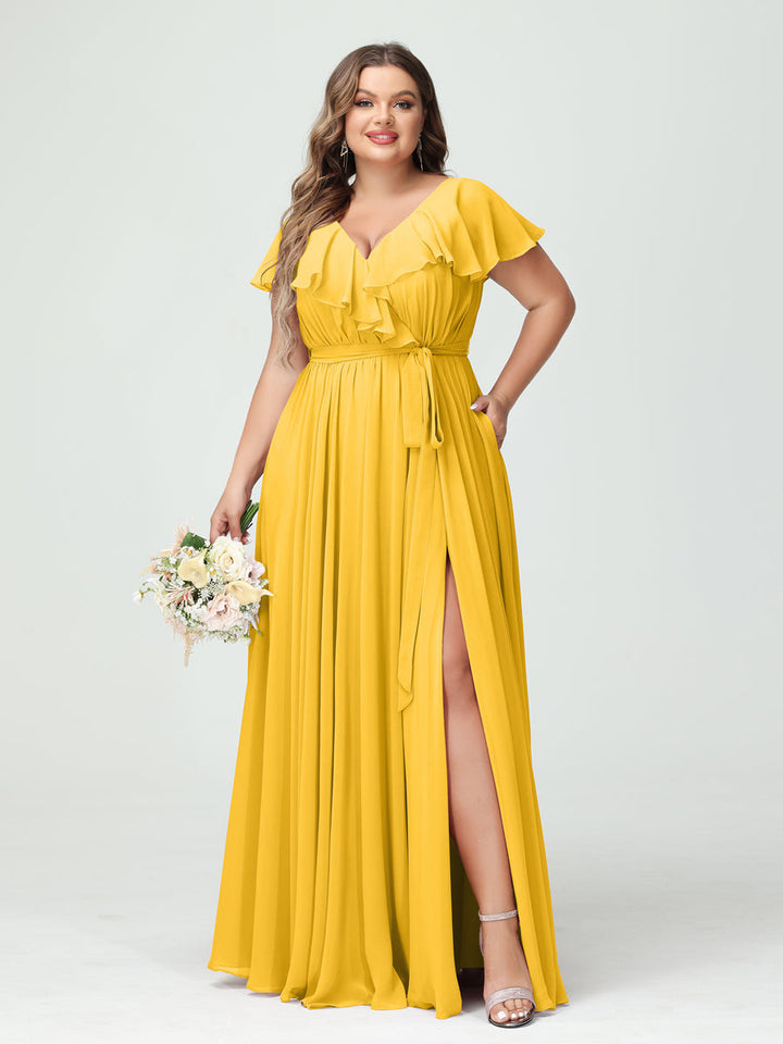 A-Line/Princess/Princess V-Neck Short Sleeves Chiffon Plus Size Bridesmaid Dresses With Pockets,Ruffles  ,Ruched & Split Side