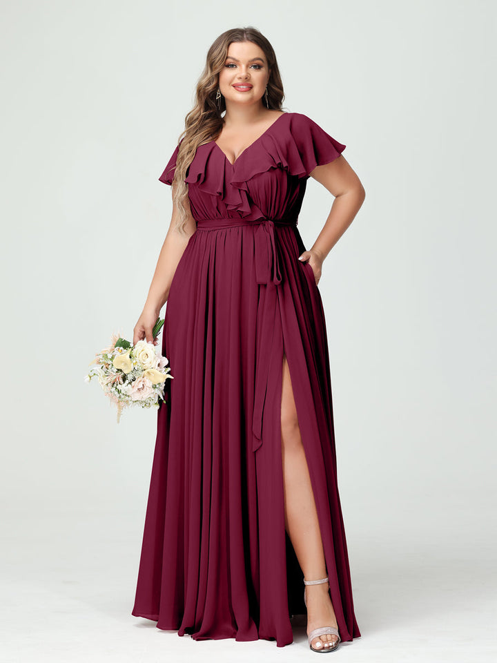 A-Line/Princess/Princess V-Neck Short Sleeves Chiffon Plus Size Bridesmaid Dresses With Pockets,Ruffles  ,Ruched & Split Side