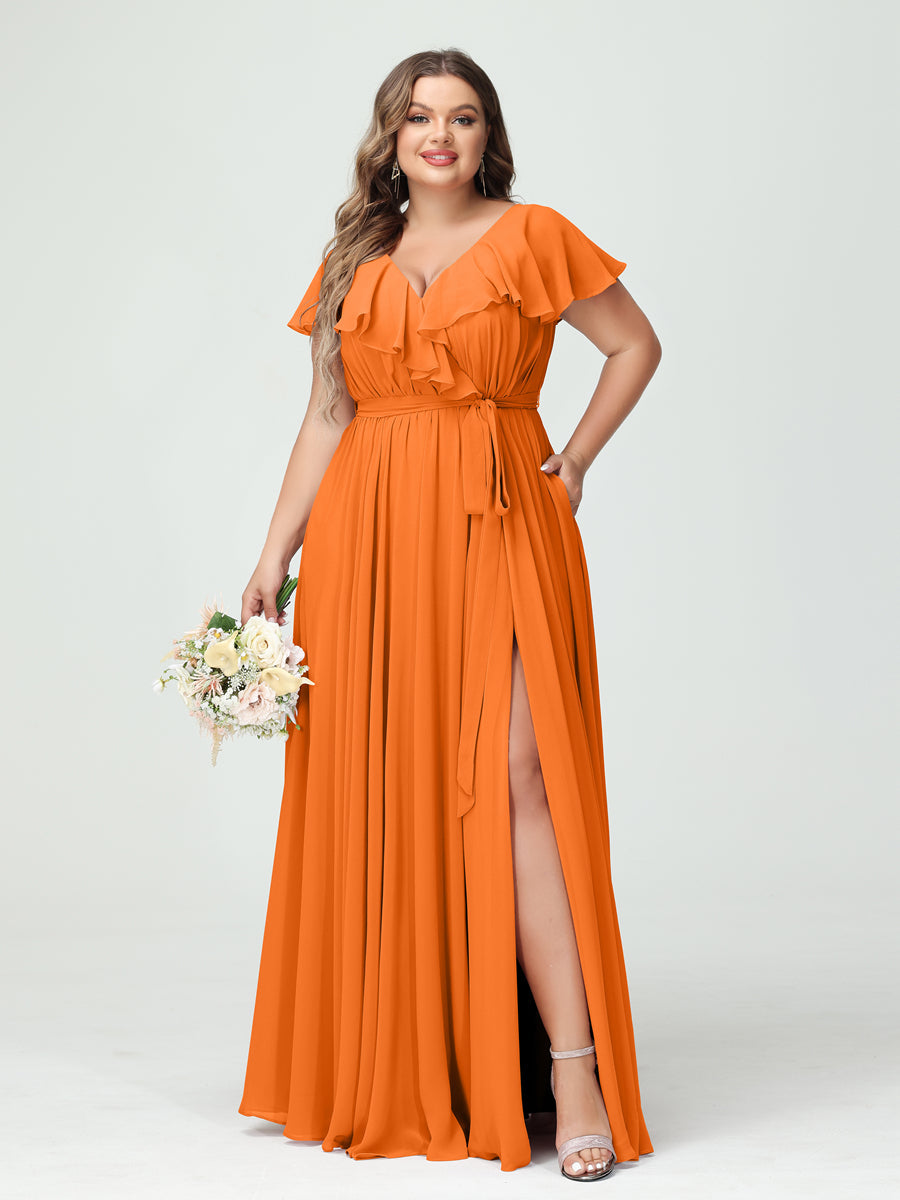 A-Line/Princess/Princess V-Neck Short Sleeves Chiffon Plus Size Bridesmaid Dresses With Pockets,Ruffles  ,Ruched & Split Side