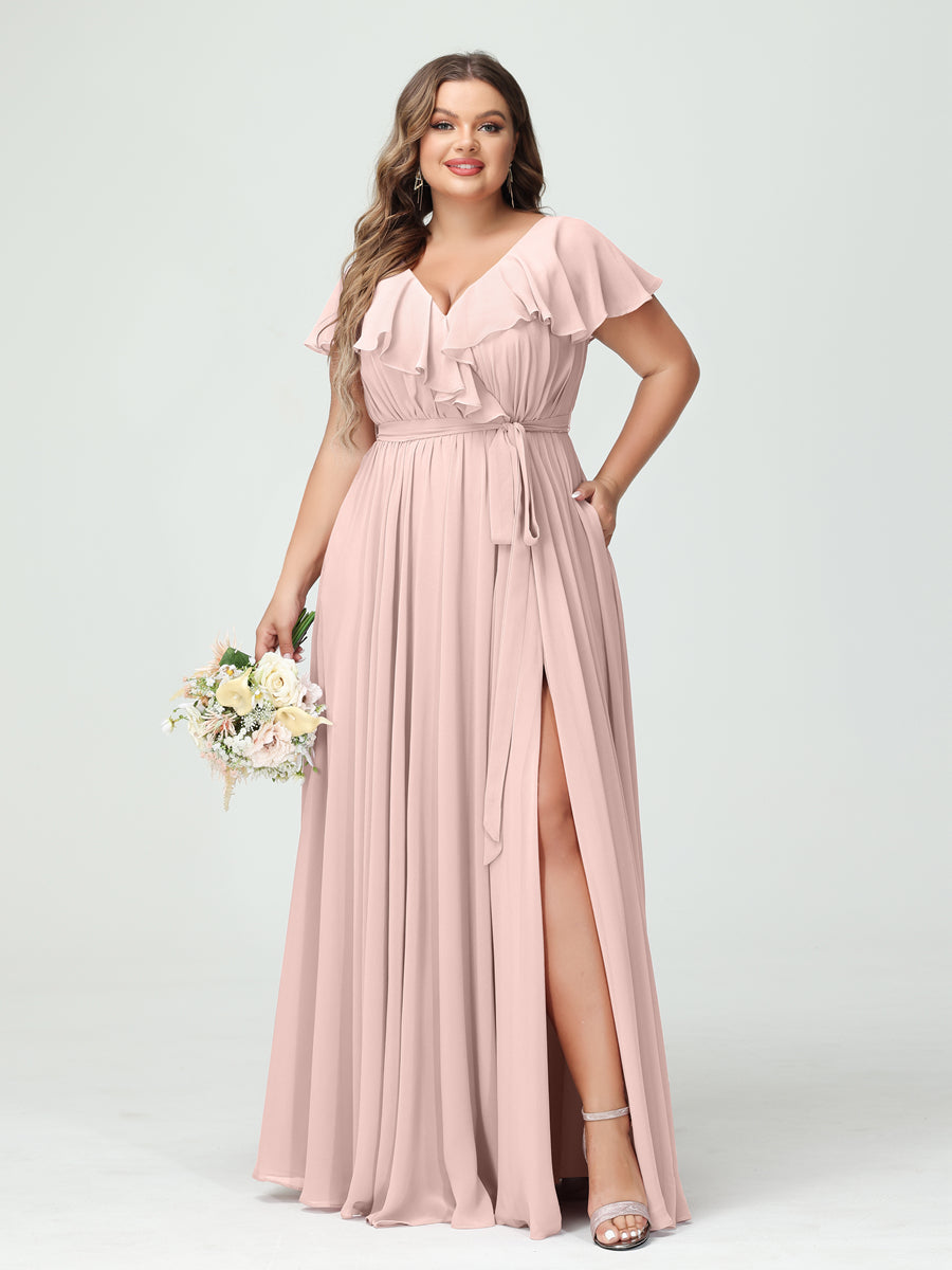 A-Line/Princess/Princess V-Neck Short Sleeves Chiffon Plus Size Bridesmaid Dresses With Pockets,Ruffles  ,Ruched & Split Side