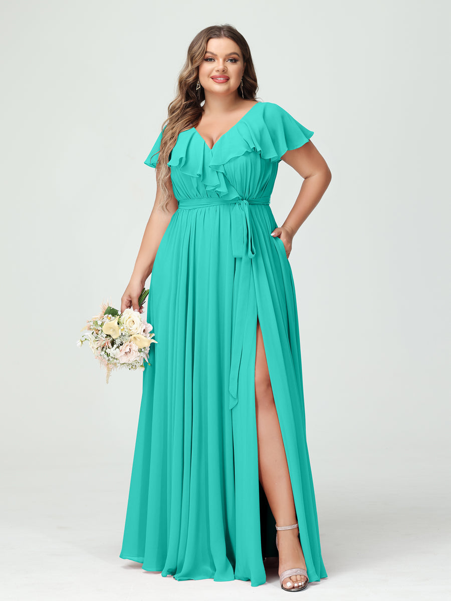 A-Line/Princess/Princess V-Neck Short Sleeves Chiffon Plus Size Bridesmaid Dresses With Pockets,Ruffles  ,Ruched & Split Side