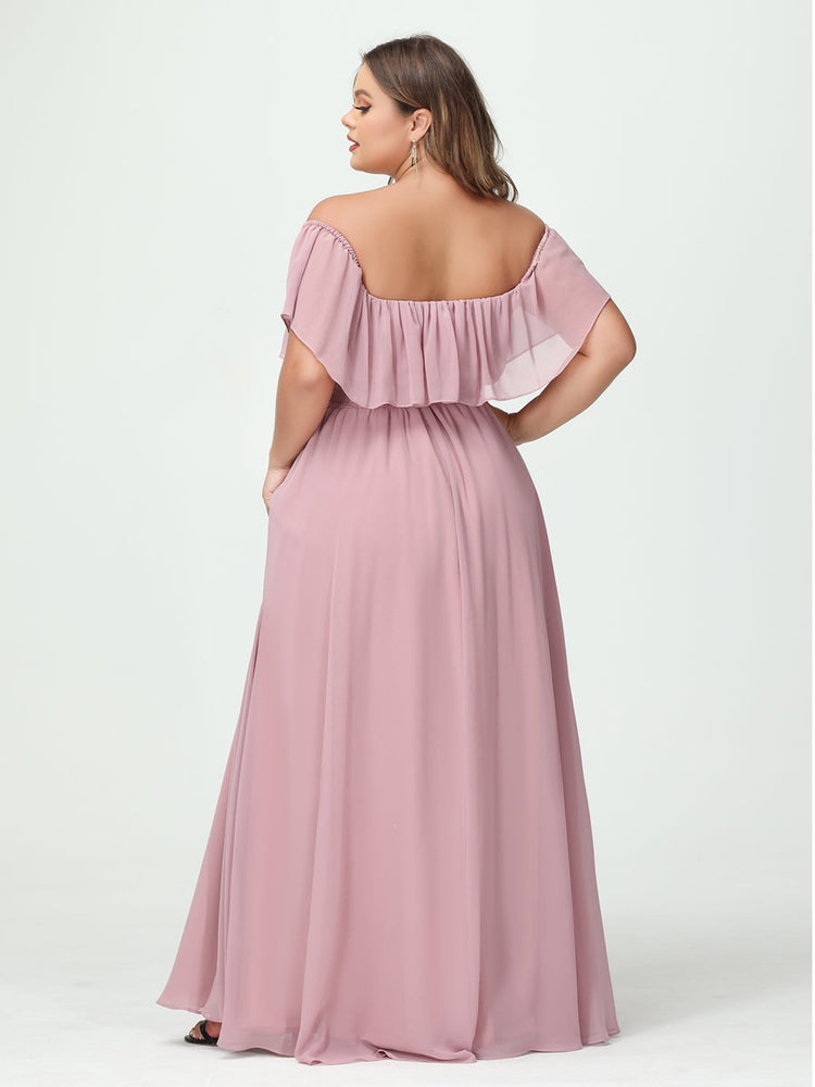 A-Line/Princess/Princess Off-the-Shoulder Short Sleeves Chiffon Plus Size Bridesmaid Dresses with Pockets & Split Side