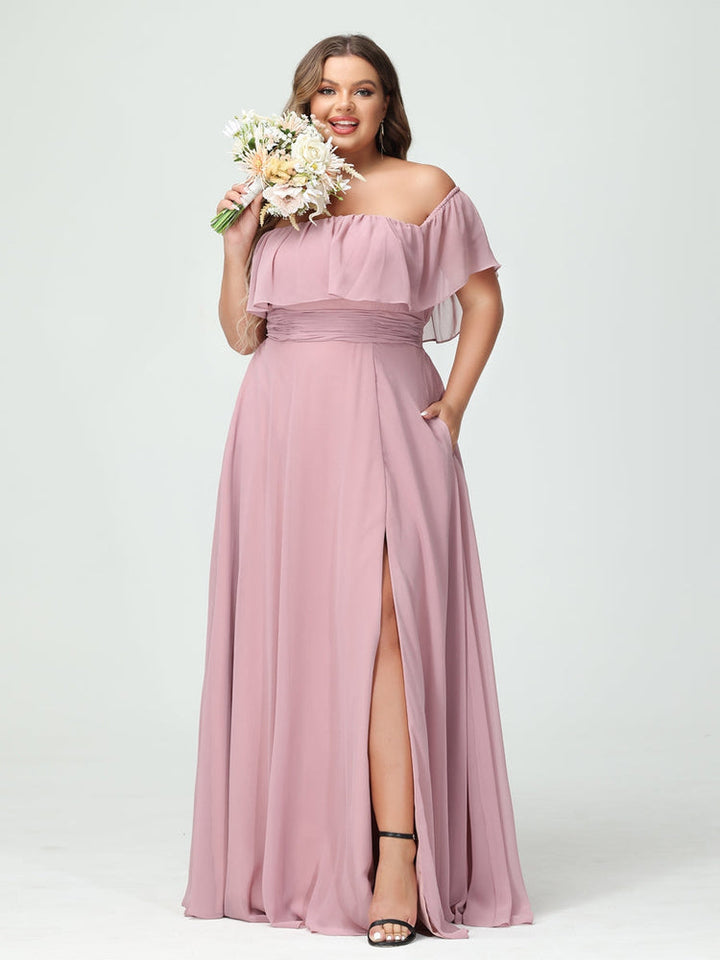 A-Line/Princess/Princess Off-the-Shoulder Short Sleeves Chiffon Plus Size Bridesmaid Dresses with Pockets & Split Side