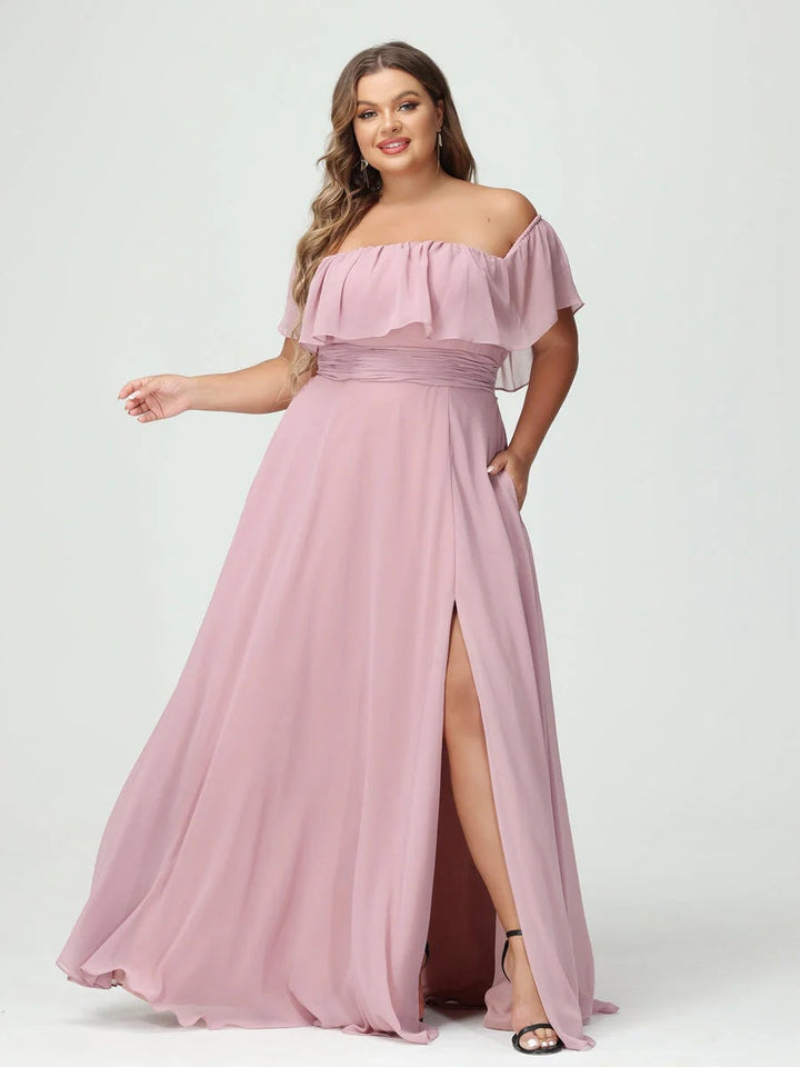 A-Line/Princess/Princess Off-the-Shoulder Short Sleeves Chiffon Plus Size Bridesmaid Dresses with Pockets & Split Side