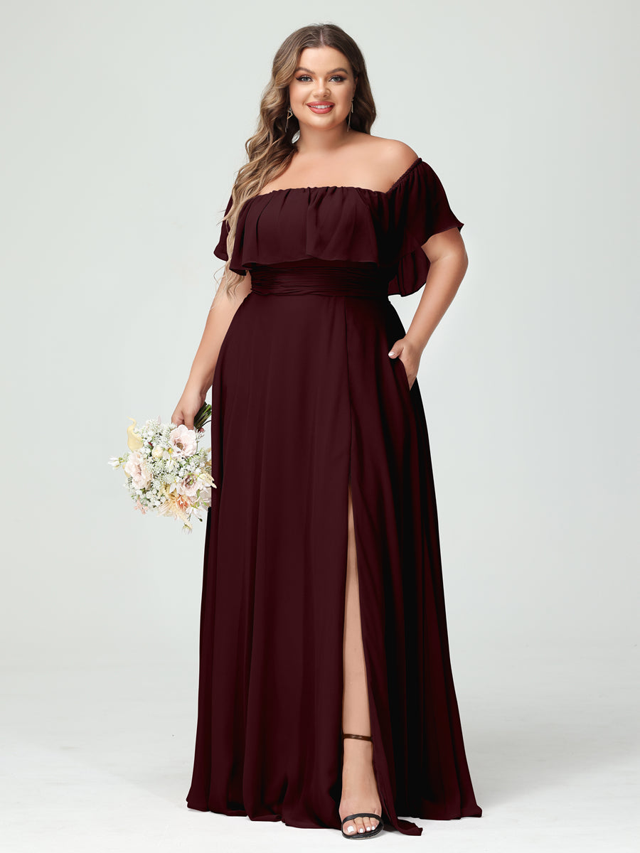 A-Line/Princess/Princess Off-the-Shoulder Short Sleeves Chiffon Plus Size Bridesmaid Dresses with Pockets & Split Side