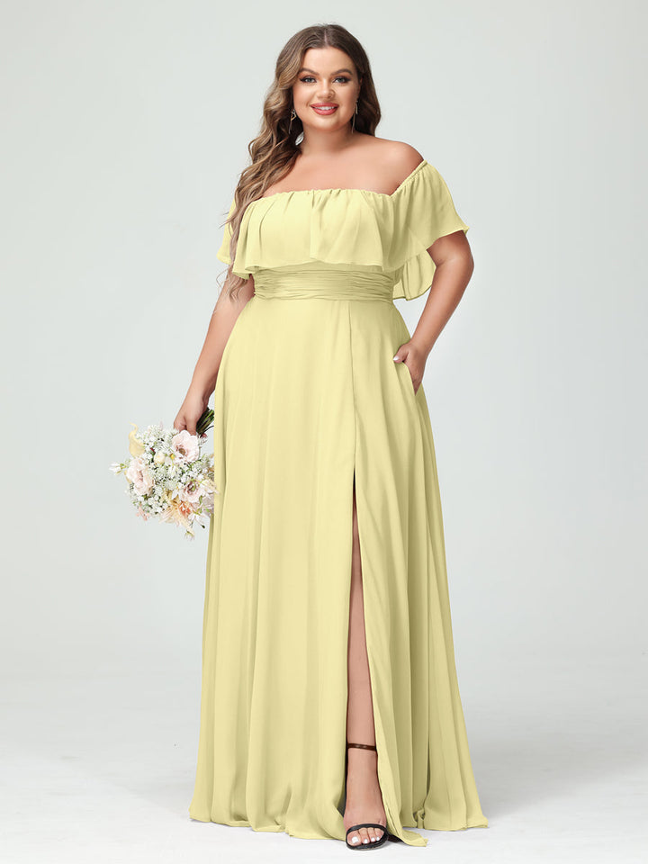 A-Line/Princess/Princess Off-the-Shoulder Short Sleeves Chiffon Plus Size Bridesmaid Dresses with Pockets & Split Side