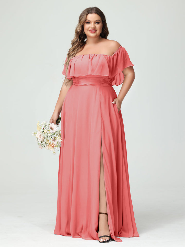 A-Line/Princess/Princess Off-the-Shoulder Short Sleeves Chiffon Plus Size Bridesmaid Dresses with Pockets & Split Side