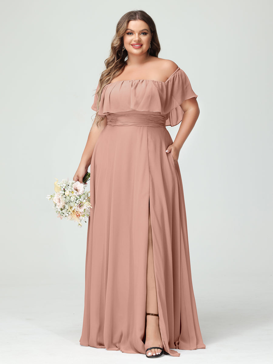 A-Line/Princess/Princess Off-the-Shoulder Short Sleeves Chiffon Plus Size Bridesmaid Dresses with Pockets & Split Side