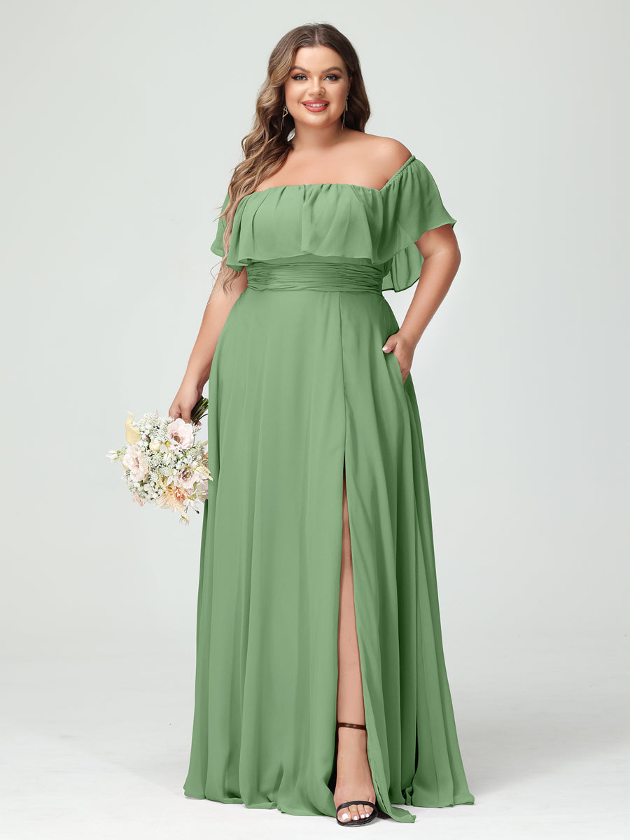 A-Line/Princess/Princess Off-the-Shoulder Short Sleeves Chiffon Plus Size Bridesmaid Dresses with Pockets & Split Side