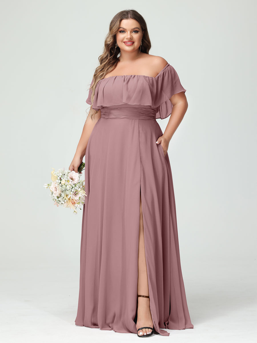 A-Line/Princess/Princess Off-the-Shoulder Short Sleeves Chiffon Plus Size Bridesmaid Dresses with Pockets & Split Side